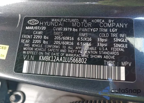 2020 Hyundai Kona Se from USA, damaged, VIN KM8K12AA1LU566802